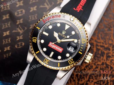 High quality Replica Rolex Submariner &Supreme Different Design Strap Black Design Face Dial With Red Supreme Black Ceramic Bezel watch strap is printed with red Supreme Fashion Watch